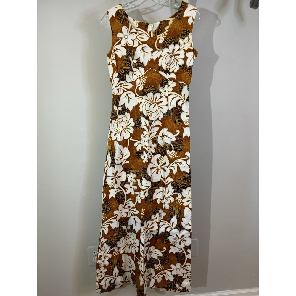 VTG ROYAL HAWAIIAN Rust Floral Maxi Tiki Dress 10 Empire Waist